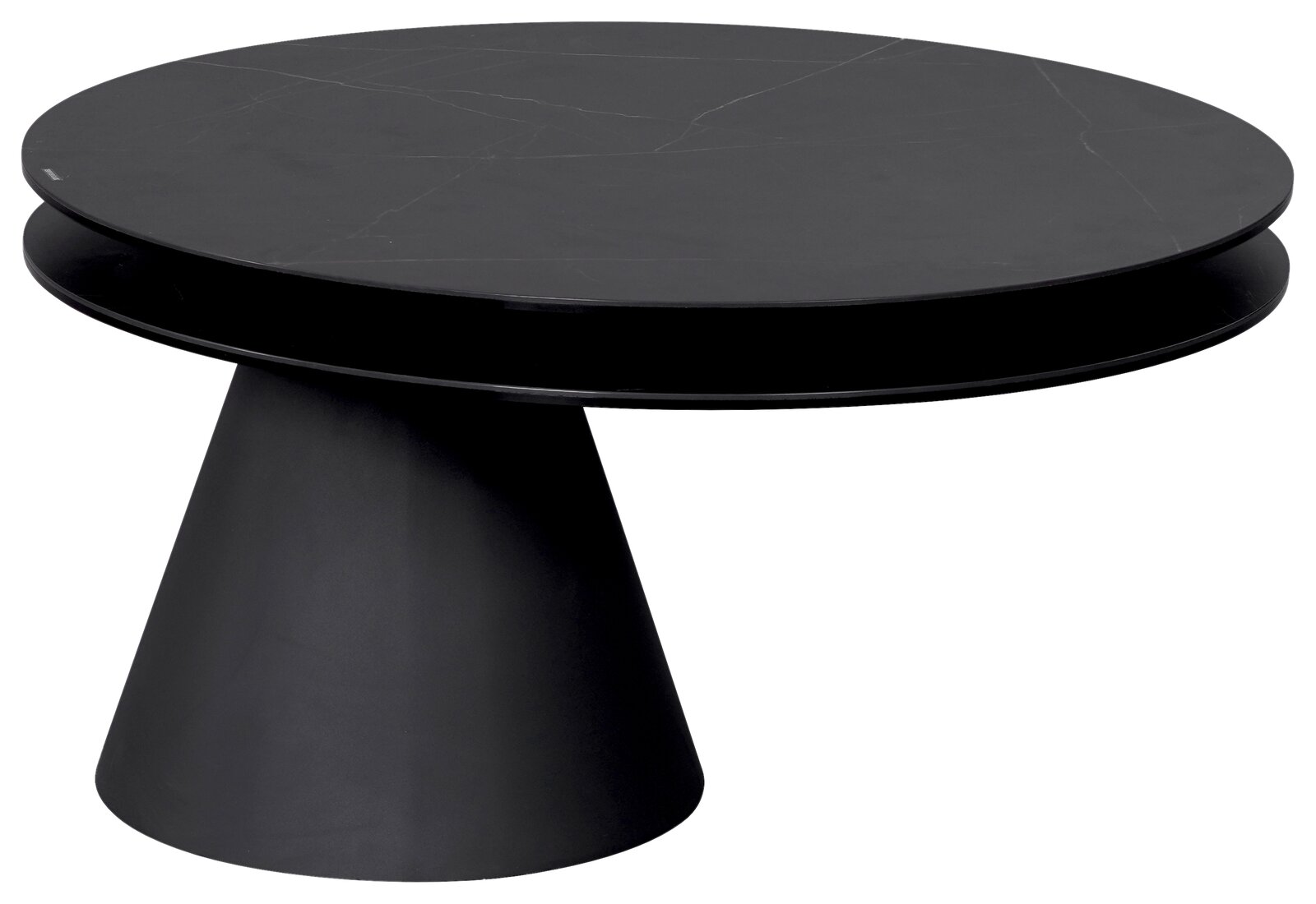 Moderner schwarzer Couchtisch mit runder Tischplatte und konischem Fuß, seitliche Perspektive