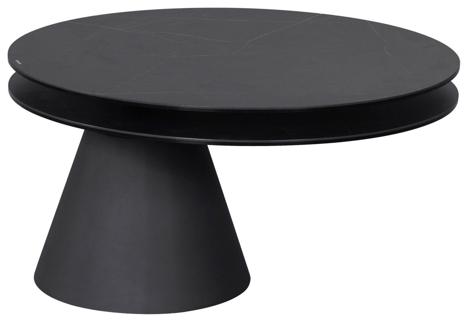 Moderner schwarzer Couchtisch mit runder Tischplatte und konischem Fuß, seitliche Perspektive