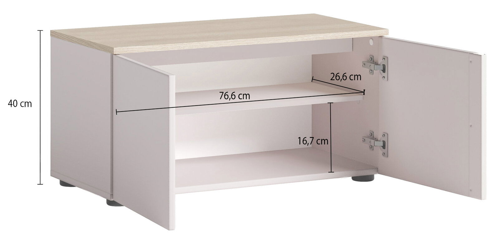 Offener weißer Schrank mit zwei Fächern und einer Tür, aus seitlicher Perspektive gezeigt. Maße: 40 cm hoch, 76,6 cm breit, 26,6 cm tief.