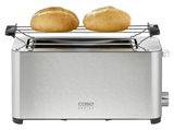 Langschlitztoaster aus Edelstahl mit zwei Brötchen auf einem Brötchenaufsatz, Vorderansicht