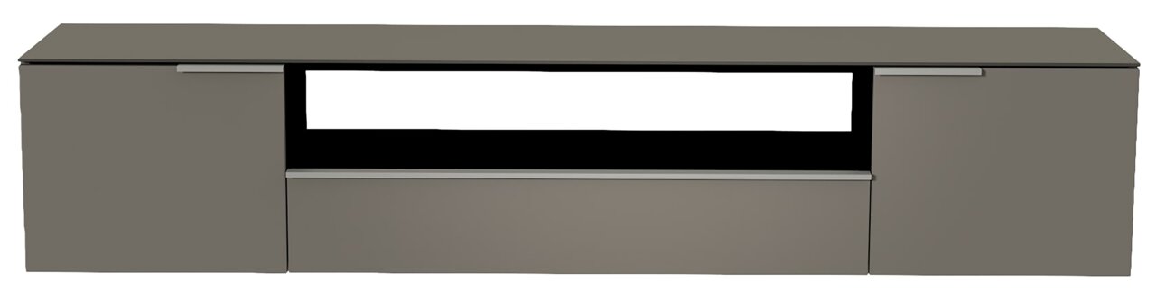 Moderano XL Hänge-Lowboard BORMIO Frontansicht eines grauen XL Hänge-Lowboards mit zwei Türen und einem offenen Fach in der Mitte.