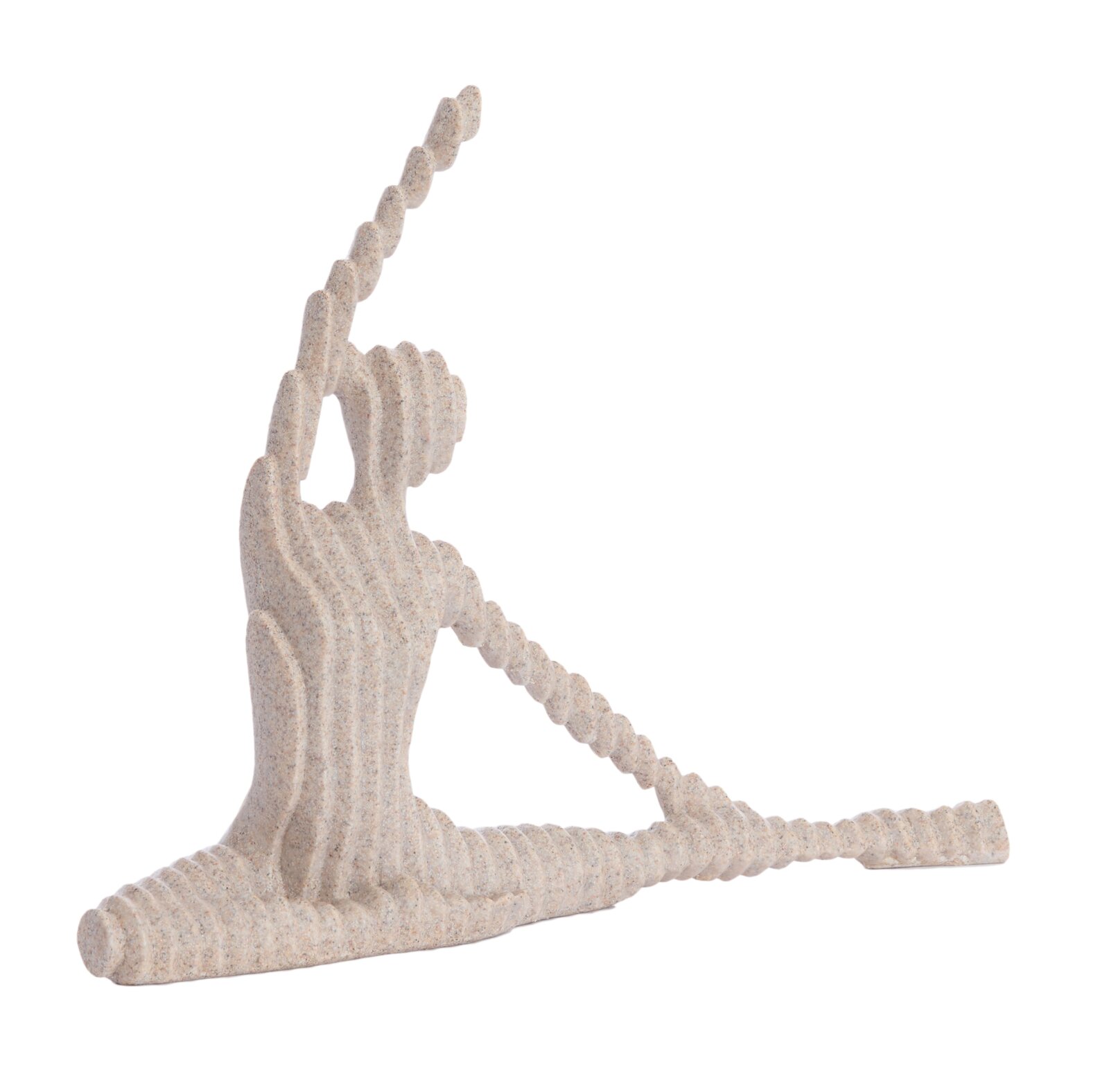 Abstracte sculptuur van een zittend figuur in een yogahouding, zijaanzicht