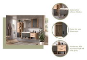 Badezimmermöbel-Set mit modernem Design, bestehend aus einem Waschtisch, Spiegelschrank, Midischrank und Hängeschrank in Nox Oak NB und grauer Farbe. Perspektive: Frontalansicht.