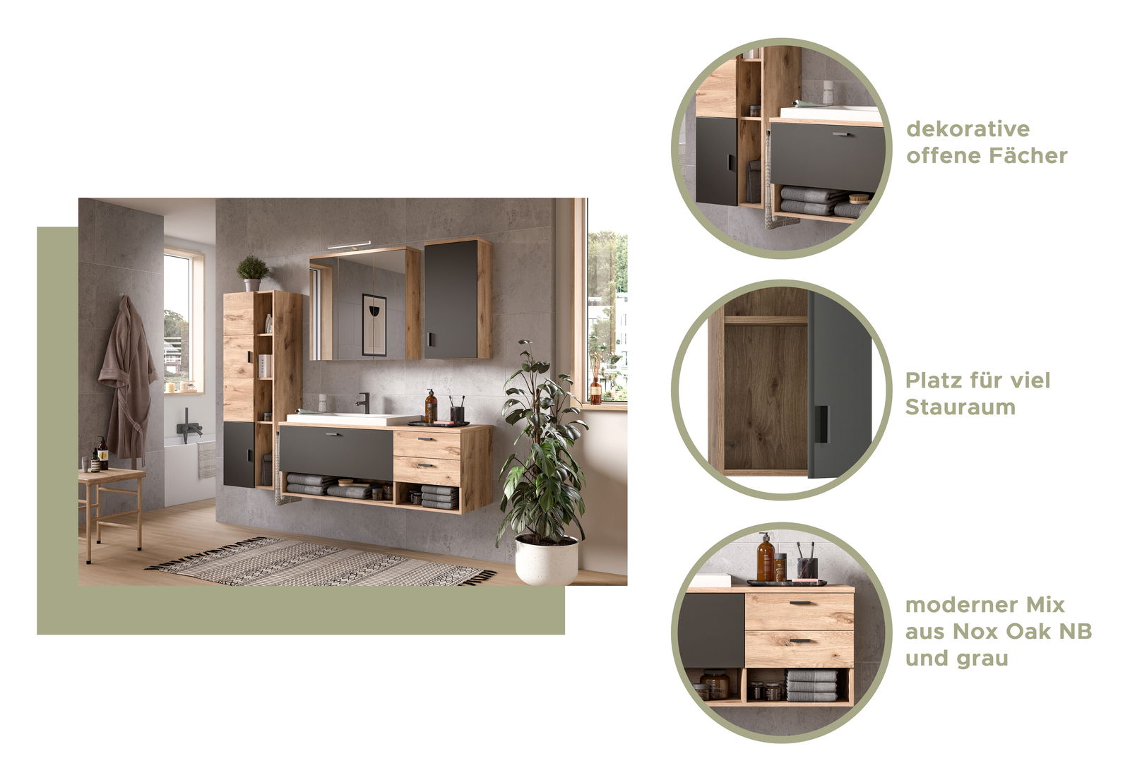 Badezimmermöbel-Set mit modernem Design, bestehend aus einem Waschtisch, Spiegelschrank, Midischrank und Hängeschrank in Nox Oak NB und grauer Farbe. Perspektive: Frontalansicht.