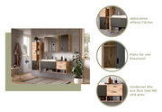 Badezimmermöbel-Set mit modernem Design, bestehend aus einem Waschtisch, Spiegelschrank, Midischrank und Hängeschrank in Nox Oak NB und grauer Farbe. Perspektive: Frontalansicht.