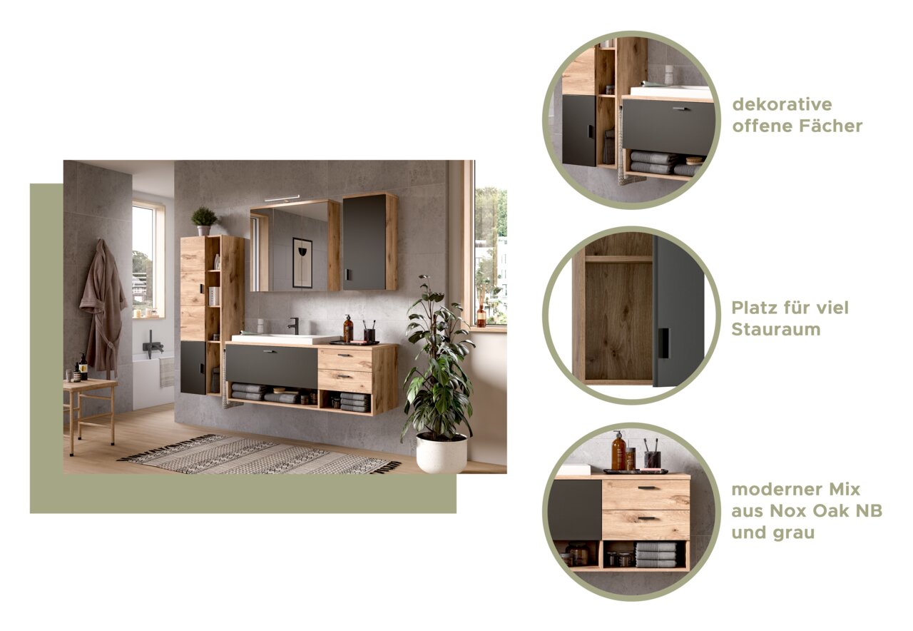 Badezimmermöbel-Set mit modernem Design, bestehend aus einem Waschtisch, Spiegelschrank, Midischrank und Hängeschrank in Nox Oak NB und grauer Farbe. Perspektive: Frontalansicht.