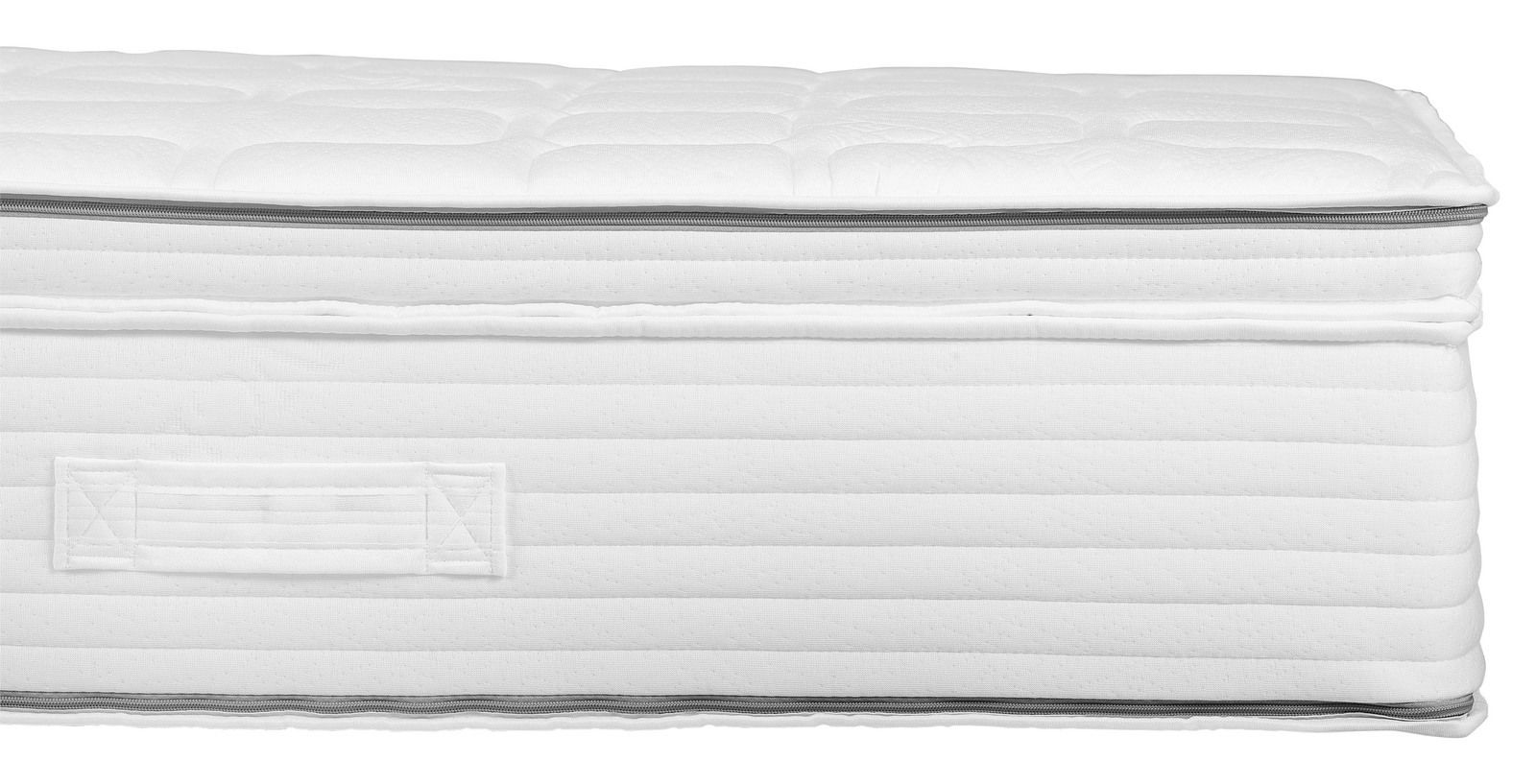 Seitenansicht einer weißen Taschenfederkernmatratze mit gestepptem Bezug und Tragegriff.