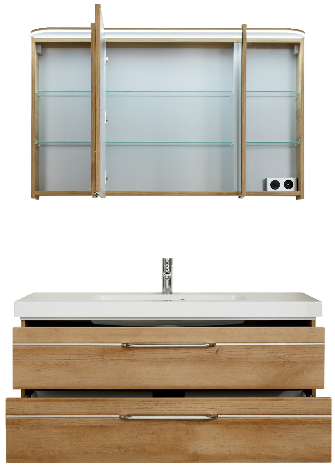 Badezimmermöbel-Set mit Spiegelschrank und Waschbeckenunterschrank aus Holz, Frontansicht