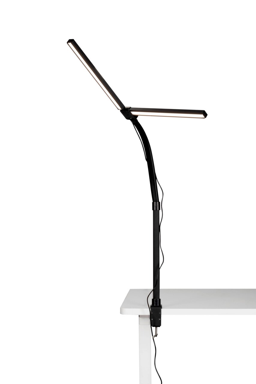 LED-Klemmleuchte in seitlicher Perspektive, befestigt an einem Tisch, mit flexiblem Arm und schlankem Design