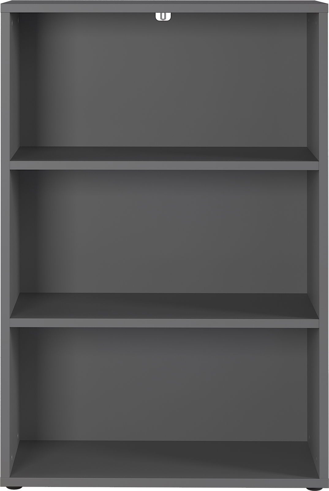 Frontale Ansicht eines grauen Aktenregals mit drei Regalböden.