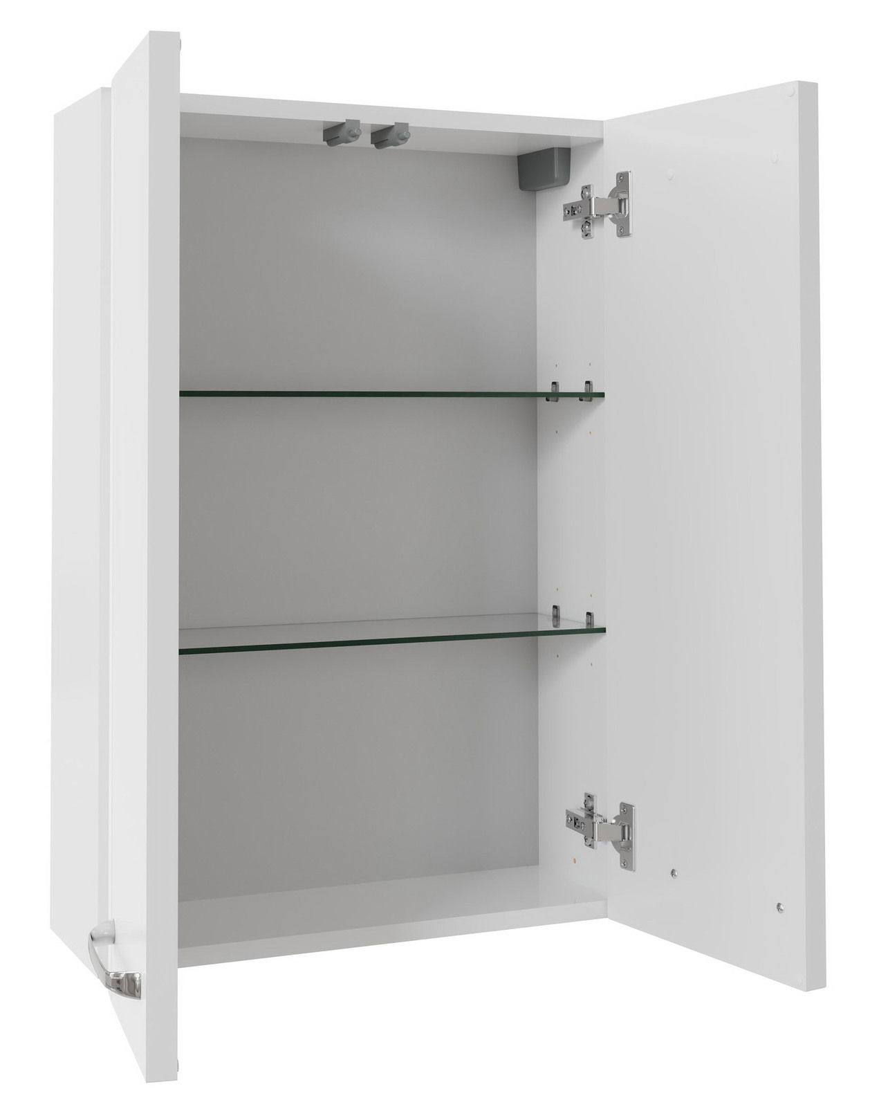 XORA Hängeschrank 50 cm SERIE 3006 Weißer Hängeschrank mit zwei Glaseinlegeböden, geöffnete Türen, frontale Perspektive