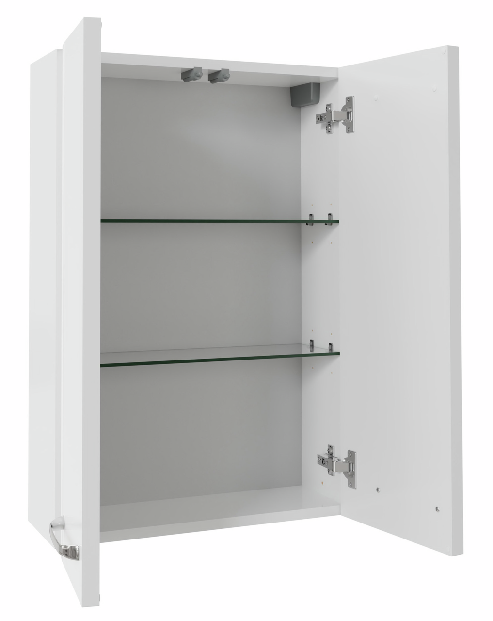 XORA Hängeschrank 50 cm SERIE 3006 Weißer Hängeschrank mit zwei Glaseinlegeböden, geöffnete Türen, frontale Perspektive