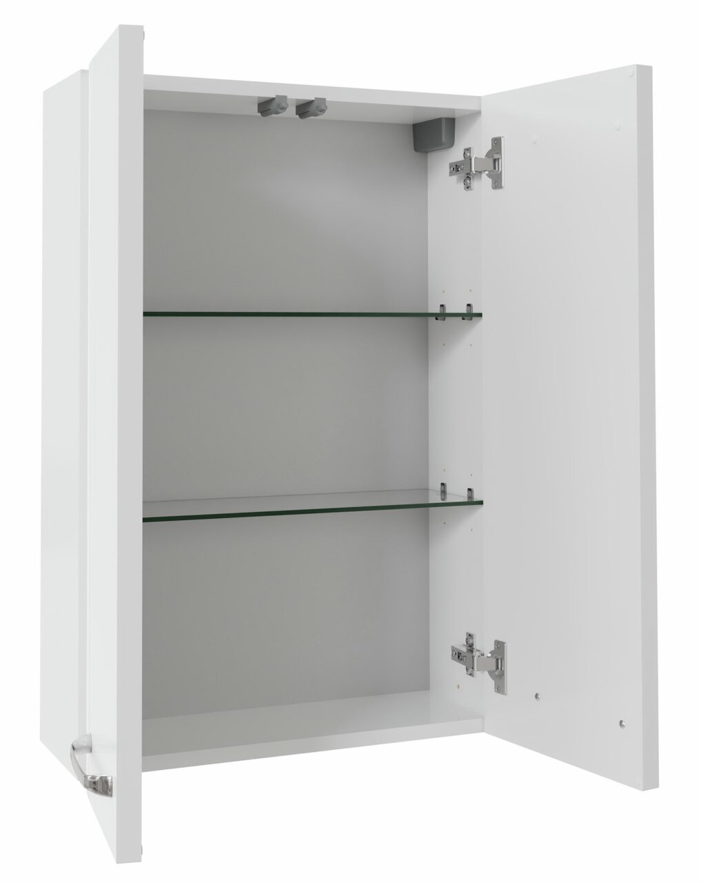 XORA Hängeschrank 50 cm SERIE 3006 Weißer Hängeschrank mit zwei Glaseinlegeböden, geöffnete Türen, frontale Perspektive