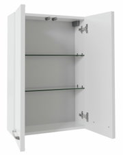 Witte hangkast met twee glazen legplanken, open deuren, vooraanzicht