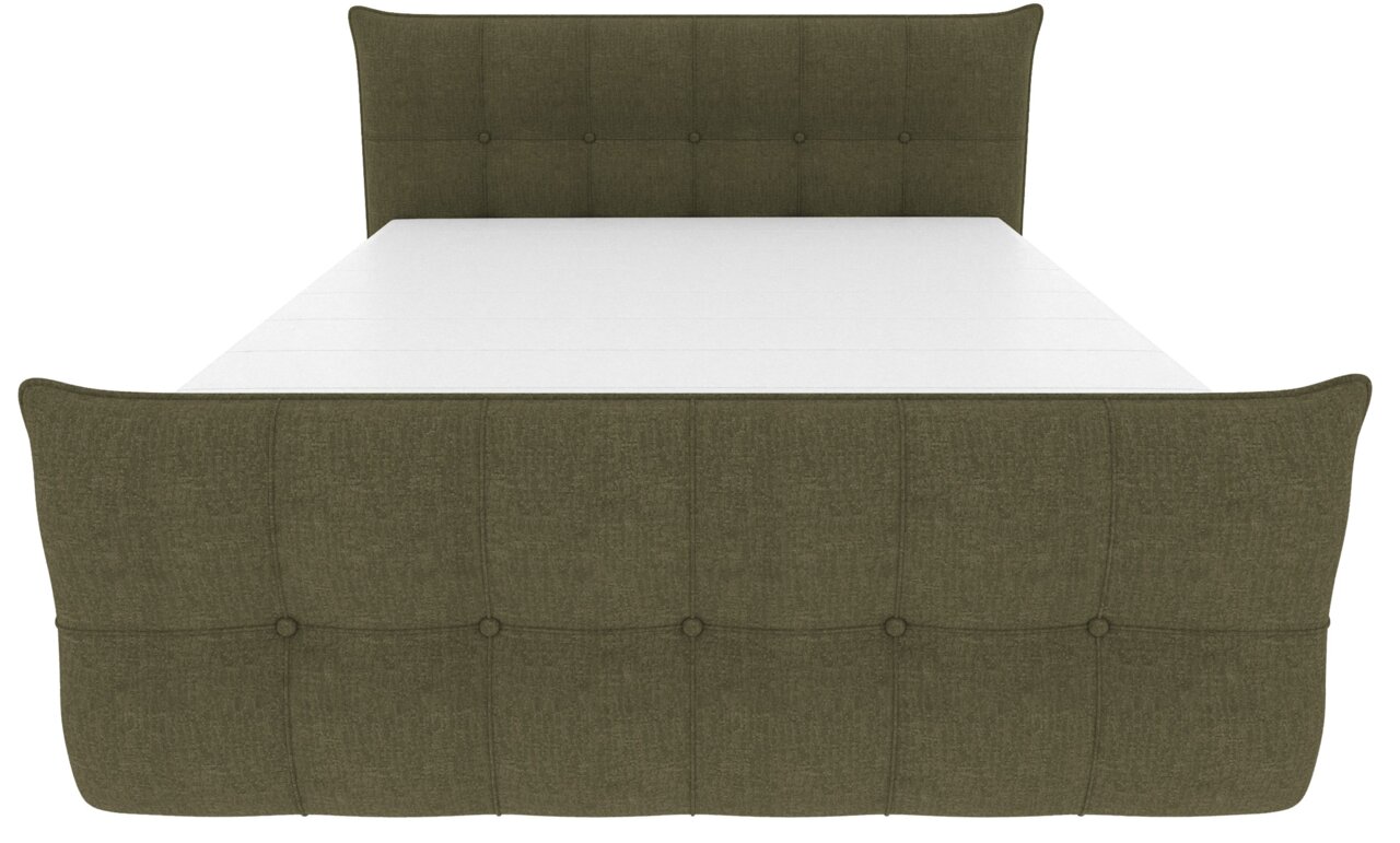 Gestoffeerd stoffen bed in olijfgroen met gestoffeerd hoofd- en voeteneinde, knoopversiering en lattenbodem, vooraanzicht licht van bovenaf