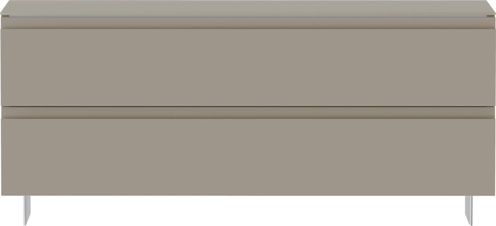 Frontansicht einer modernen, zweifarbigen Garderobenbank mit zwei Schubladen und schlanken Metallbeinen.