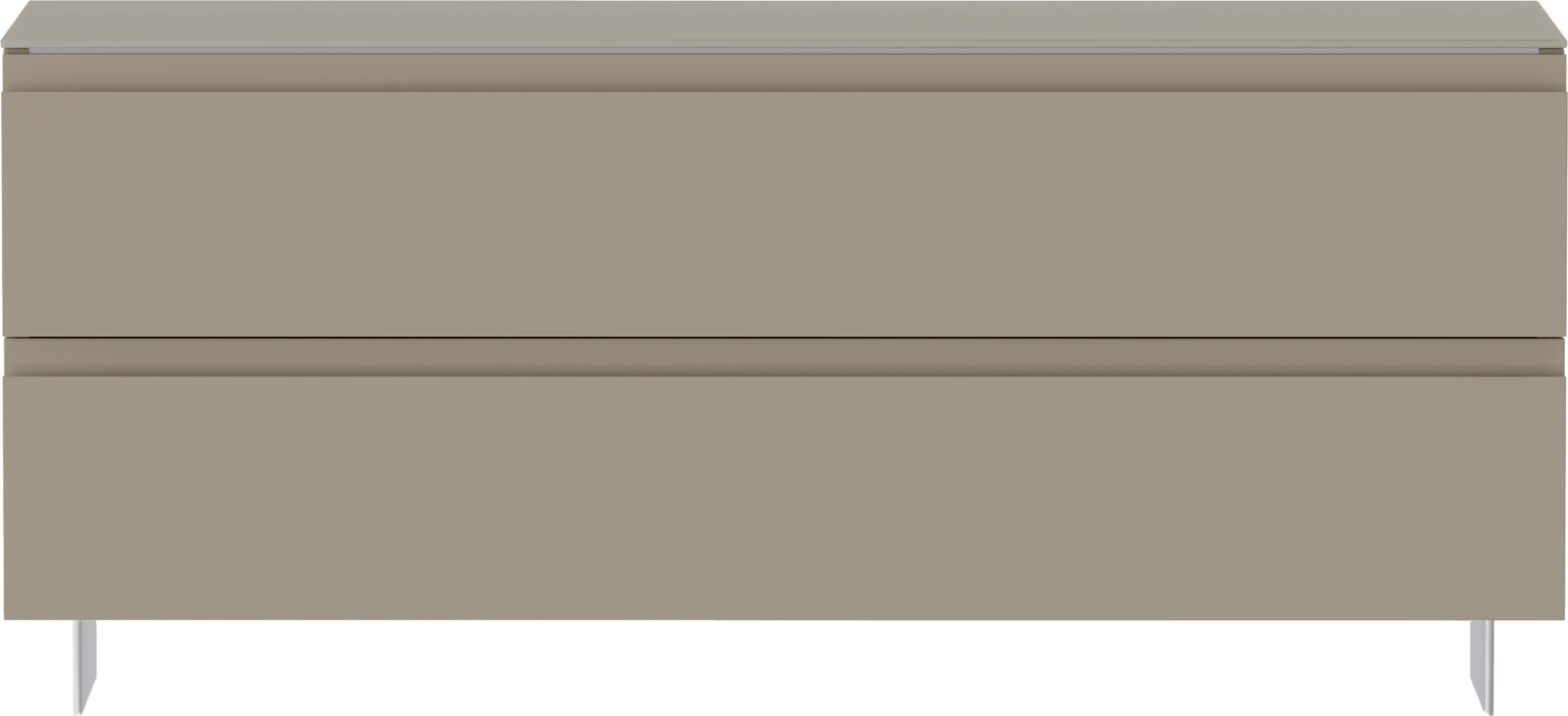 Frontansicht einer modernen, zweifarbigen Garderobenbank mit zwei Schubladen und schlanken Metallbeinen.