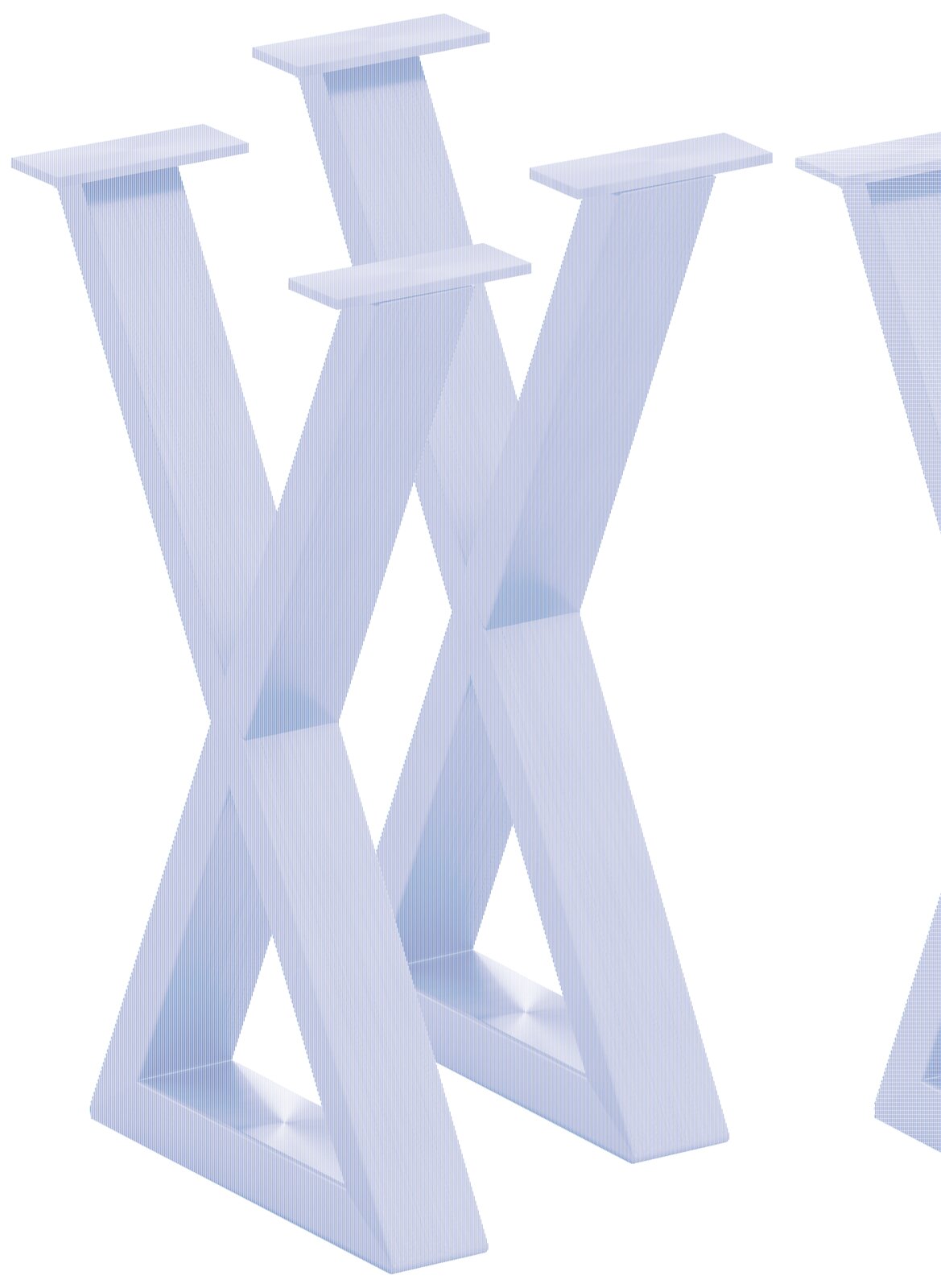 Metallisches Bankgestell in X-Form, seitliche Perspektive