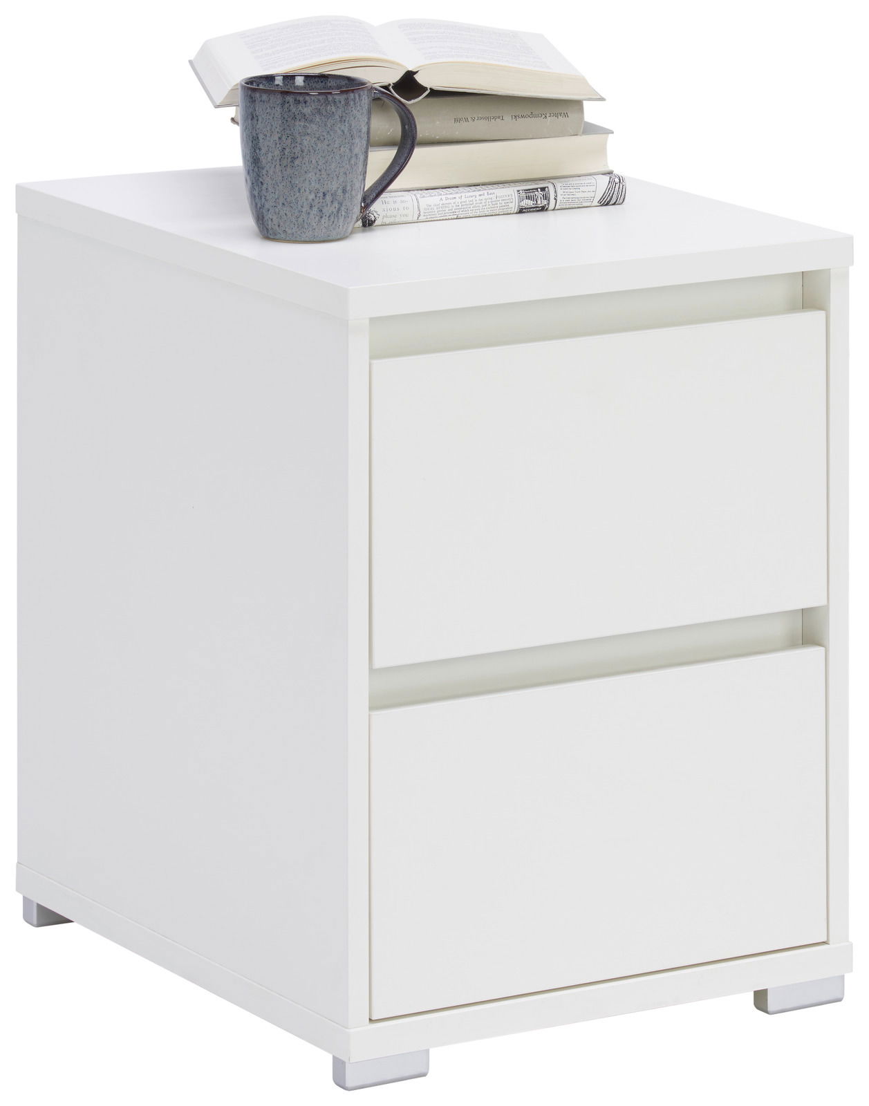 Carryhome Nachtkommode LINE Weiße Nachtkommode mit zwei Schubladen, darauf eine Tasse und ein aufgeschlagenes Buch, seitliche Perspektive