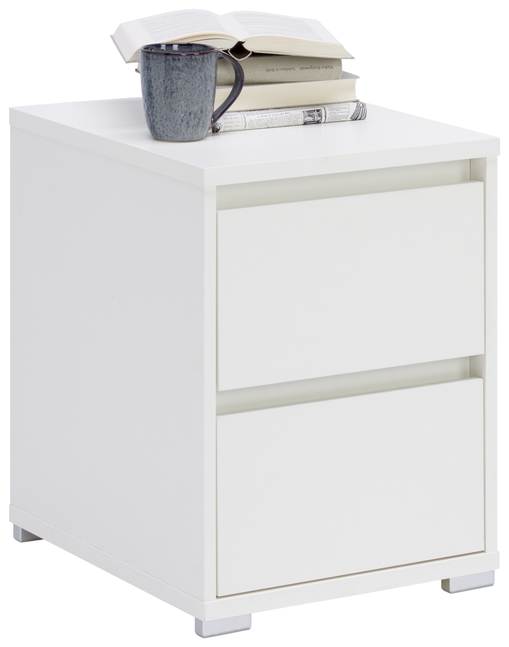 Carryhome Nachtkommode LINE Weiße Nachtkommode mit zwei Schubladen, darauf eine Tasse und ein aufgeschlagenes Buch, seitliche Perspektive