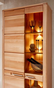 Holzvitrine mit Glaseinsatz und Beleuchtung, seitliche Perspektive