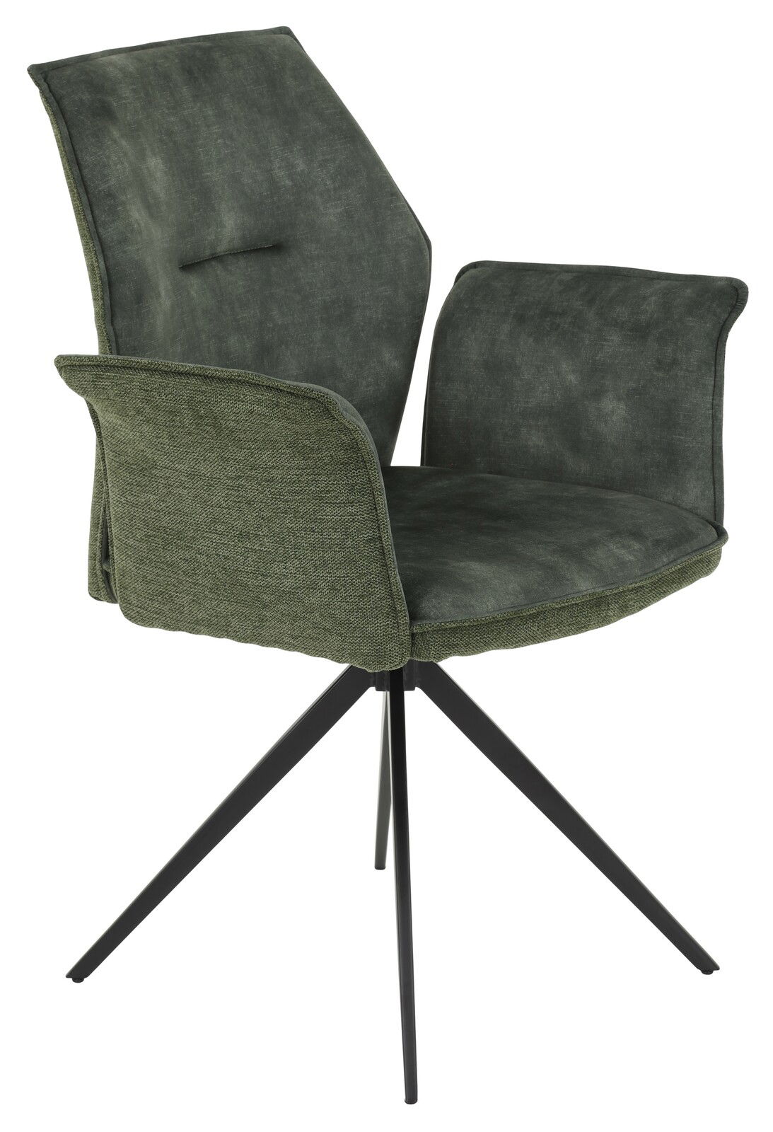 Moderner grüner Armlehnstuhl mit schwarzem Metallgestell, seitliche Perspektive