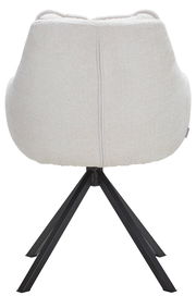 Rückansicht eines modernen Armlehnstuhls mit hellem Stoffbezug und schwarzem Metallgestell.