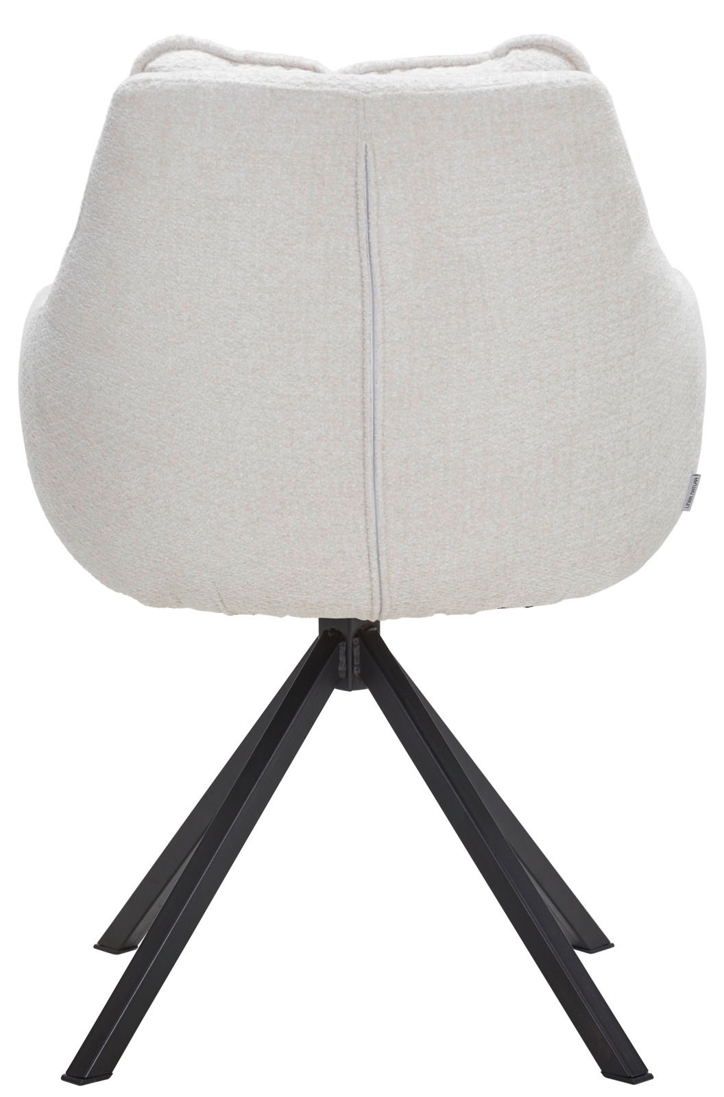 Rückansicht eines modernen Armlehnstuhls mit hellem Stoffbezug und schwarzem Metallgestell.