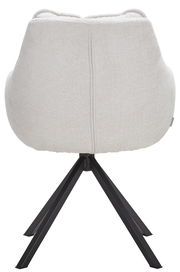 Rückansicht eines modernen Armlehnstuhls mit hellem Stoffbezug und schwarzem Metallgestell.