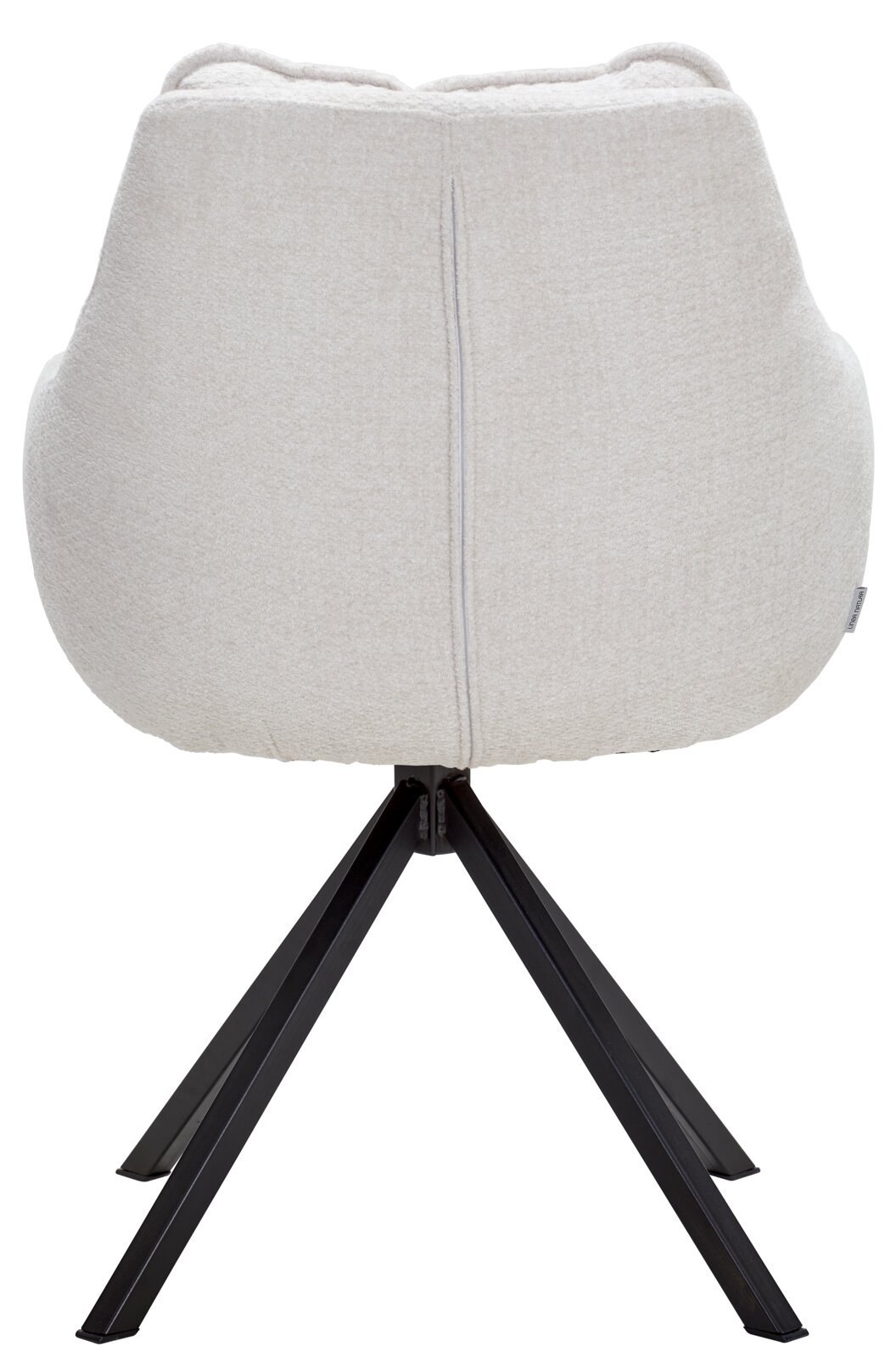 Achterkant van een moderne fauteuil met een lichte stoffen bekleding en een zwart metalen frame.