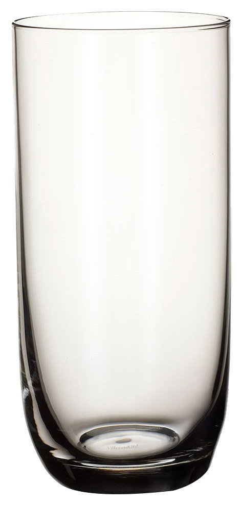 Transparenter Longdrinkbecher aus Glas, frontal fotografiert.