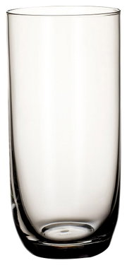 Transparenter Longdrinkbecher aus Glas, frontal fotografiert.