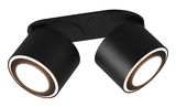 Zweifacher LED-Einbau- und Aufbauspot TAURUS in schwarzem Gehäuse, perspektivisch von unten betrachtet.