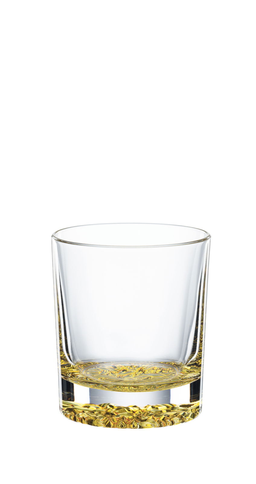 Transparenter Trinkbecher mit gelbem Akzent am Boden, Frontalansicht