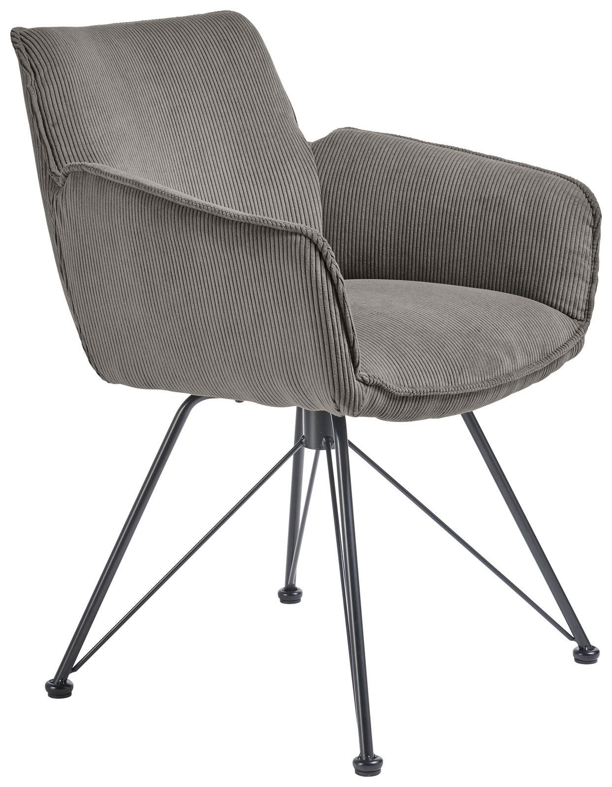 Grauer Armlehnstuhl mit geripptem Stoffbezug und schwarzen Metallbeinen, seitliche Perspektive