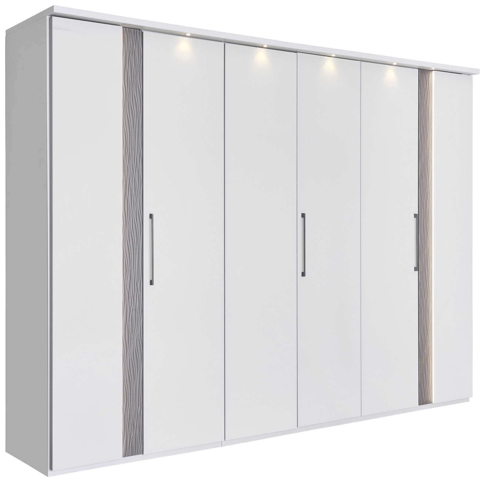 Sechstüriger Drehtürenschrank in Weiß mit modernen Griffen und dekorativen Akzenten, seitliche Perspektive