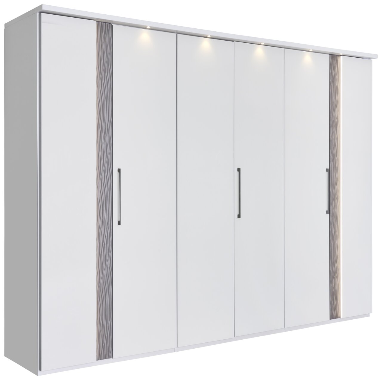 Sechstüriger Drehtürenschrank in Weiß mit modernen Griffen und dekorativen Akzenten, seitliche Perspektive