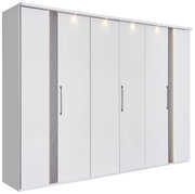 Kast met zes draaideuren in wit, met moderne handgrepen en decoratieve accenten, zijaanzicht