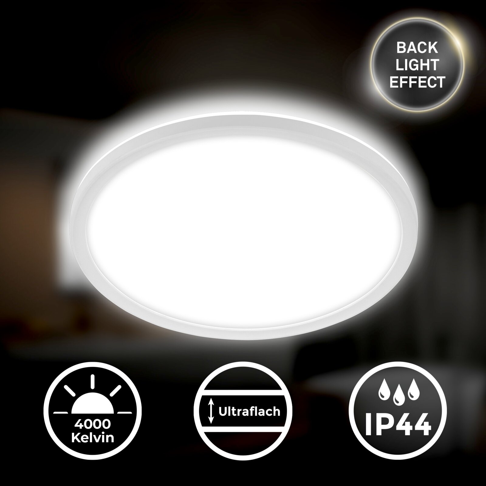Ronde witte ultradunne LED-plafondlamp met backlight-effect, 4000K neutraal wit en IP44 spatwaterdicht, weergegeven in vooraanzicht licht schuin van boven