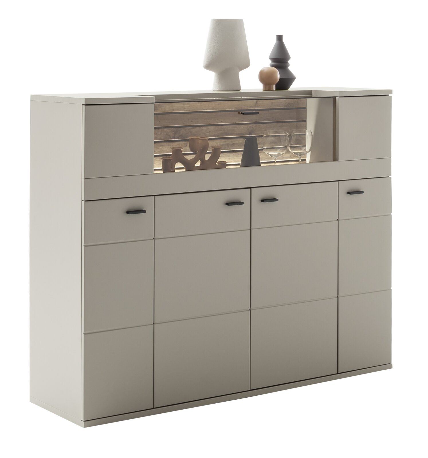 Zurbrüggen Hoogkast LÜTTICH Moderne Highboard-Kommode in Hellgrau mit mittigem Holz-Akzent und beleuchtetem Glas-/Vitrinenfach, Frontansicht leicht von links (Dreiviertelperspektive)