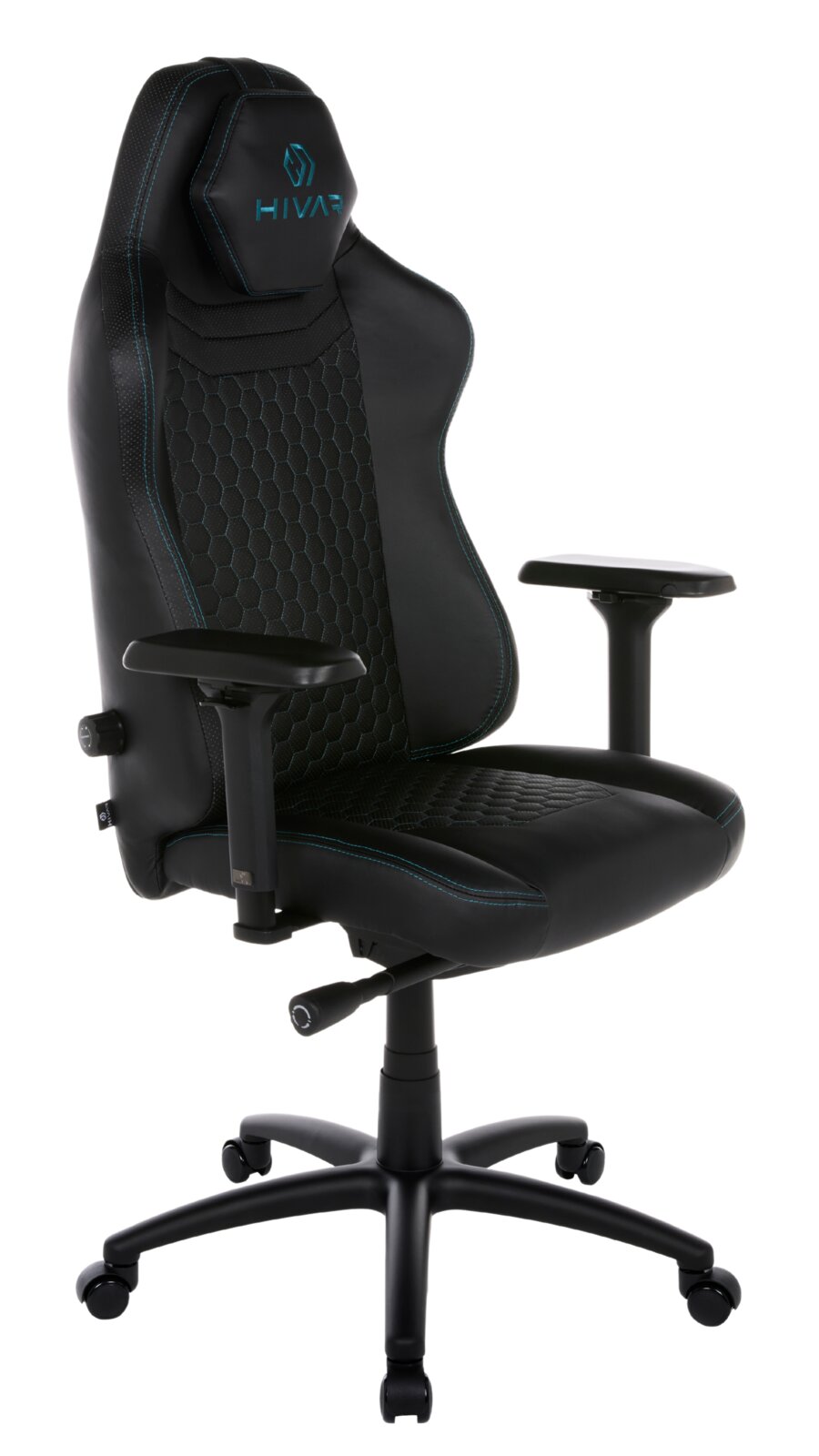 HIVAR Gaming Stuhl ORBICAL Schwarzer Gaming-Stuhl mit blauen Nähten und ergonomischem Design, seitliche Perspektive