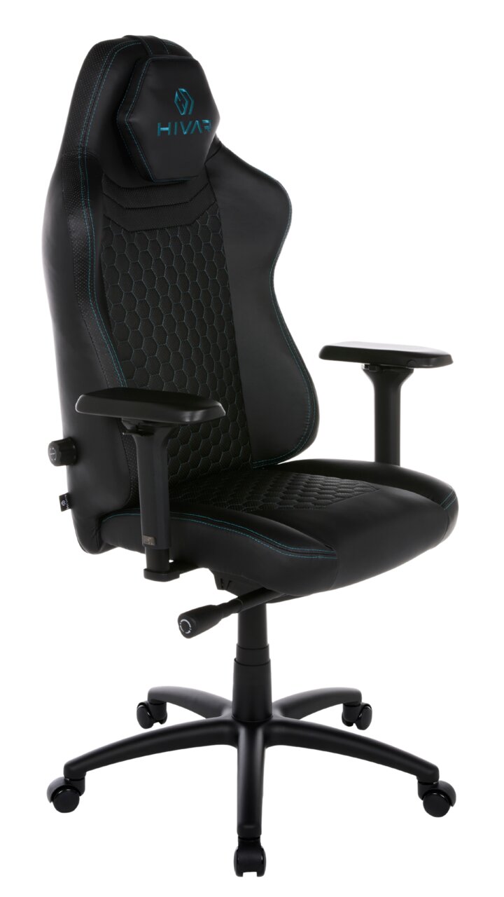 Schwarzer Gaming-Stuhl mit blauen Nähten und ergonomischem Design, seitliche Perspektive