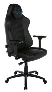 Schwarzer Gaming-Stuhl mit blauen Nähten und ergonomischem Design, seitliche Perspektive