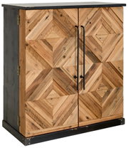 Houten barkast met geometrisch patroon en metalen handgrepen, zijaanzicht