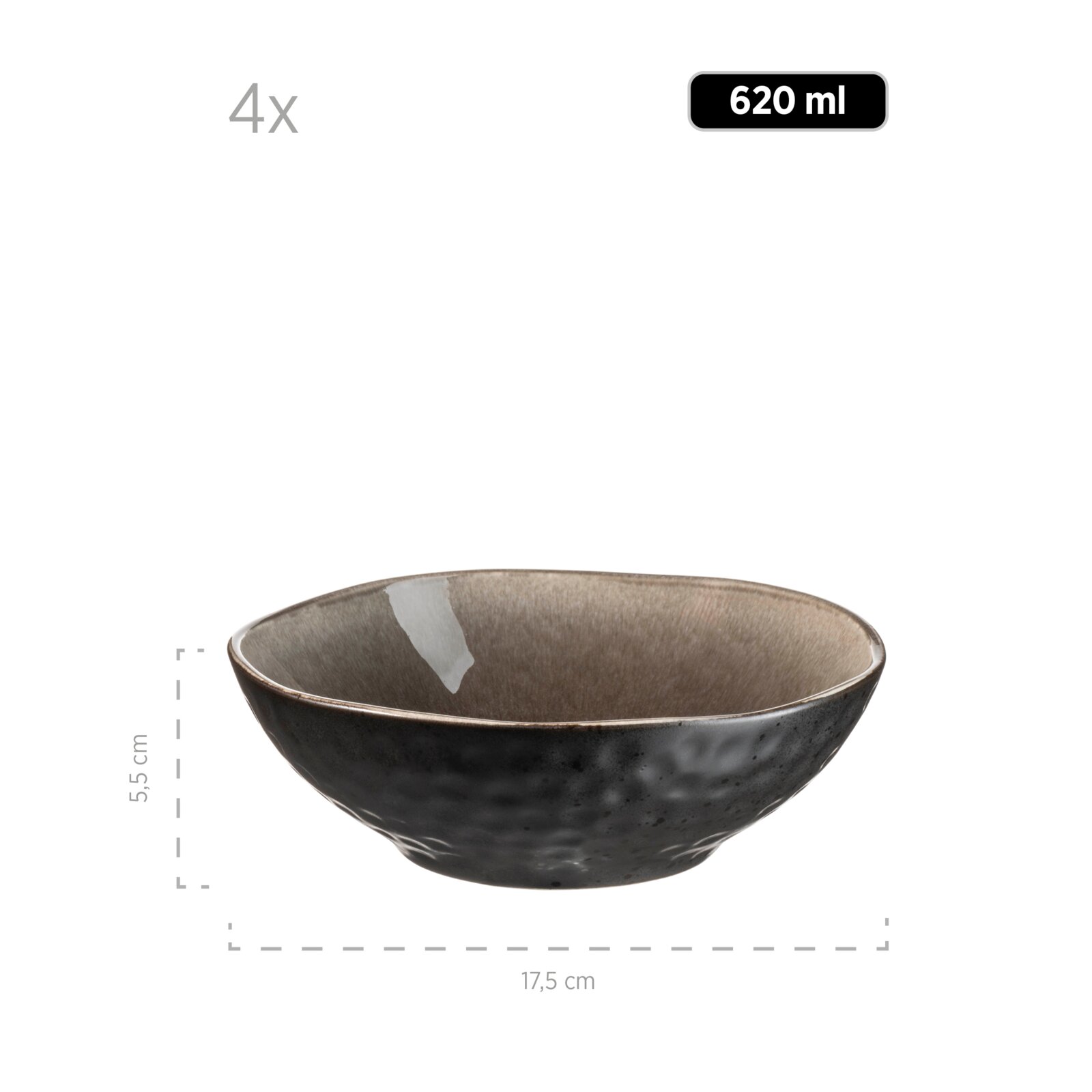 Dunkelgraue Keramik-Schüssel mit strukturierter Außenseite und hellgrauer Glasur innen, ca. 17,5 cm Durchmesser, 5,5 cm Höhe und 620 ml Fassungsvermögen, Produktansicht leicht von oben vor weißem Hintergrund.