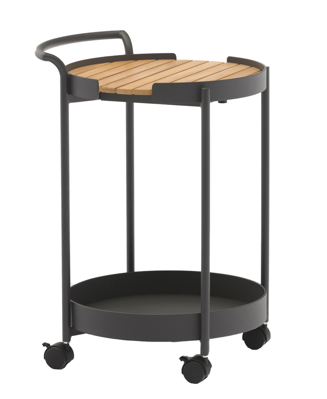 Zebra Beistelltisch TROLLEY Moderner Beistelltisch mit schwarzem Metallrahmen, Holzplatte und Rollen, seitliche Perspektive