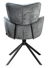 Rückansicht eines grauen Armlehnstuhls mit schwarzem Metallgestell und vier Beinen.