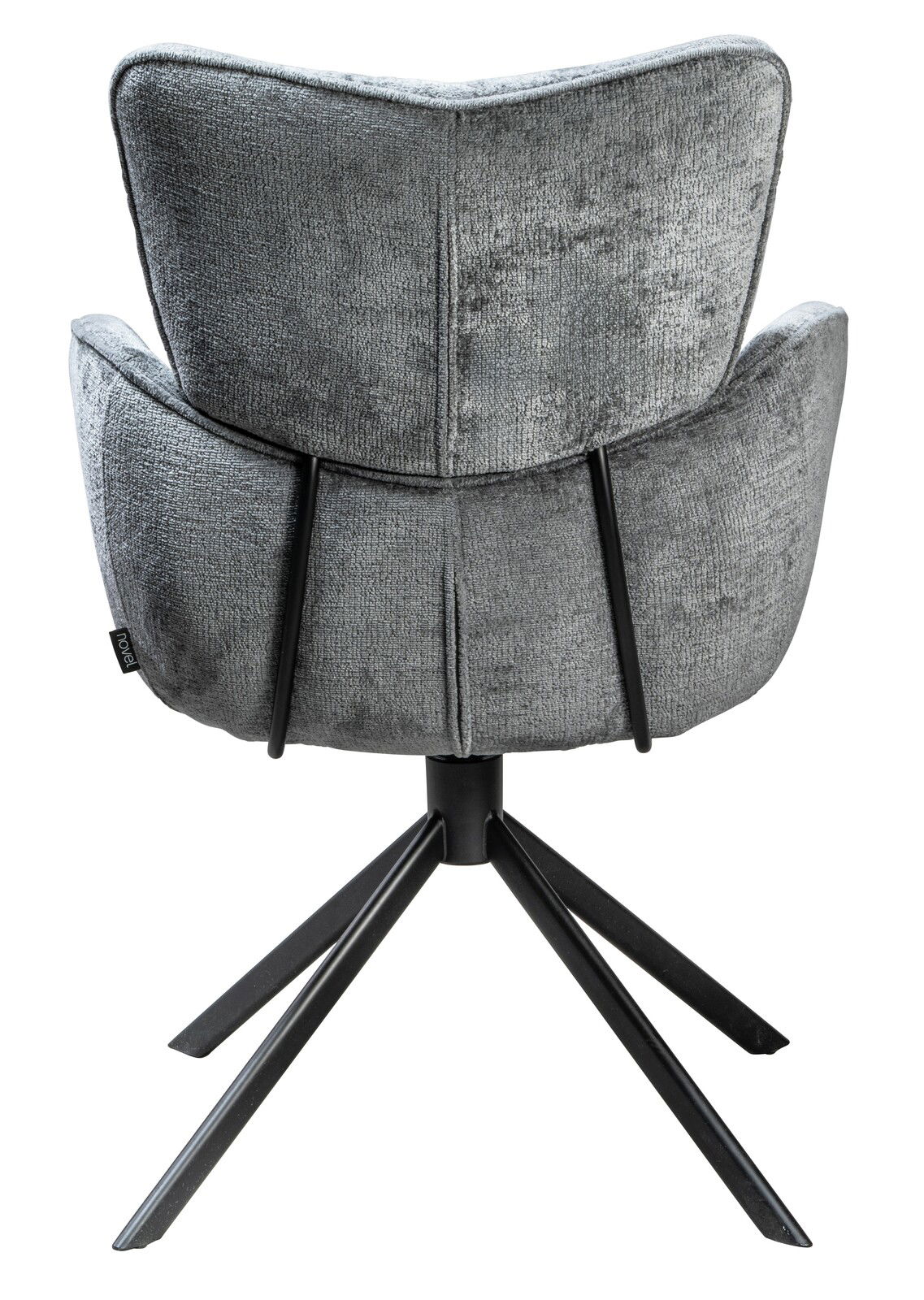 Rückansicht eines grauen Armlehnstuhls mit schwarzem Metallgestell und vier Beinen.