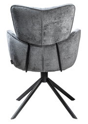 Rückansicht eines grauen Armlehnstuhls mit schwarzem Metallgestell und vier Beinen.