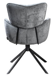 Rückansicht eines grauen Armlehnstuhls mit schwarzem Metallgestell und vier Beinen.